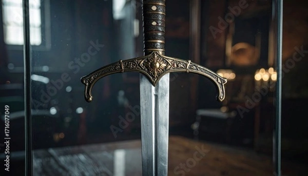 Fototapeta A close-up view of a medieval sword displayed inside a glass case, showcasing intricate details.