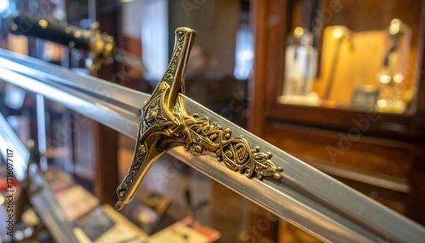Fototapeta Close-up of an ornate sword with a golden hilt, displayed in a museum case.