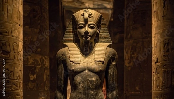 Fototapeta Ancient Egyptian statue of a pharaoh, standing majestically within a temple's shadowed columns.
