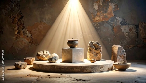 Fototapeta A spotlight illuminates a display of pottery and stones on a circular platform against a textured wall.