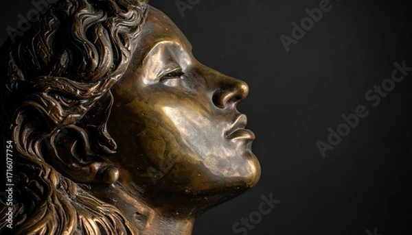 Fototapeta Close-up bronze sculpture of a woman's head, profile view, detailed artistry.