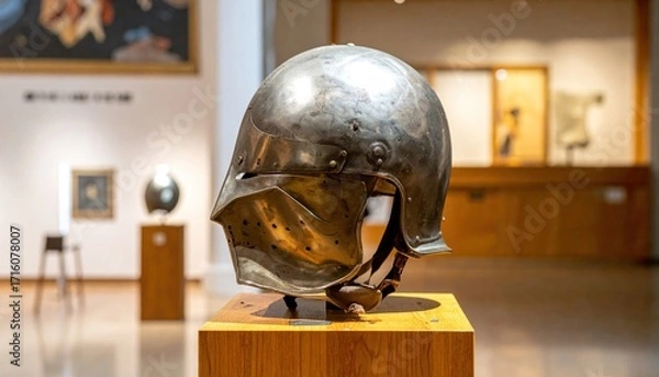 Fototapeta A medieval close helmet displayed on a wooden pedestal in a museum gallery.