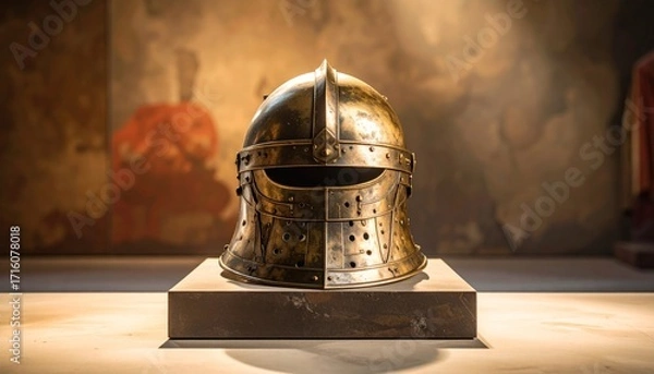 Fototapeta A gleaming medieval helmet displayed on a pedestal, showcasing historical armor.