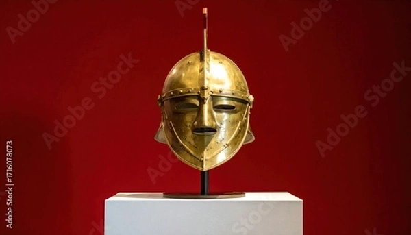 Fototapeta Golden helmet displayed on a white pedestal against a red background, showcasing ancient armor.