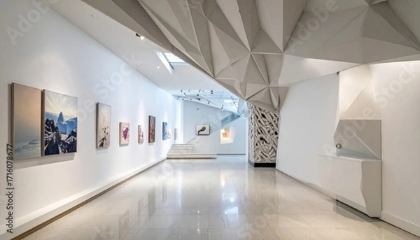 Fototapeta Modern art gallery hallway with abstract ceiling and displayed paintings.