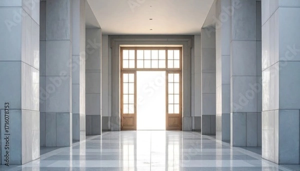 Fototapeta Interior view of a corridor with marble pillars and a bright doorway at the end.