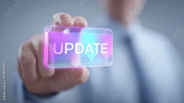 Fototapeta Man holding glass update button, a symbol of technological advancement and software refresh