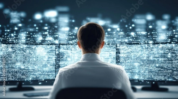 Fototapeta Focused man working on computer, a deep dive into productivity and digital engagement
