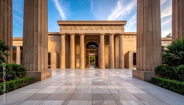 Fototapeta Architectural view of a building facade with prominent columns, marble pathway, and blue sky.