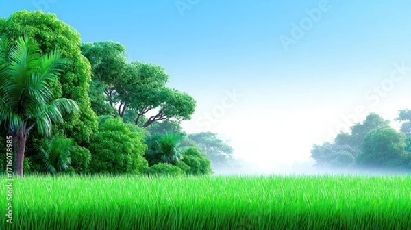Fototapeta Mystical morning fog, enchanting green field landscape with majestic trees serene