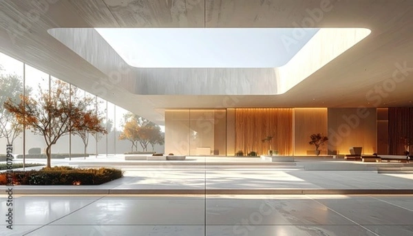 Fototapeta Modern architectural interior showcasing a spacious, minimalist design with natural light and outdoor views.