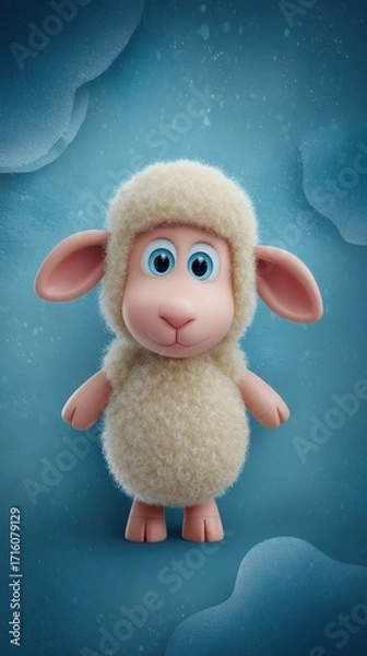 Fototapeta Adorable sheep with expressive eyes posing against a vibrant blue backdrop cute