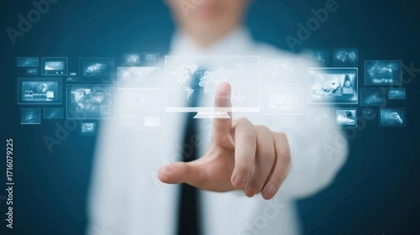 Fototapeta Interactive display exploration, person engaging with touch screen technology human