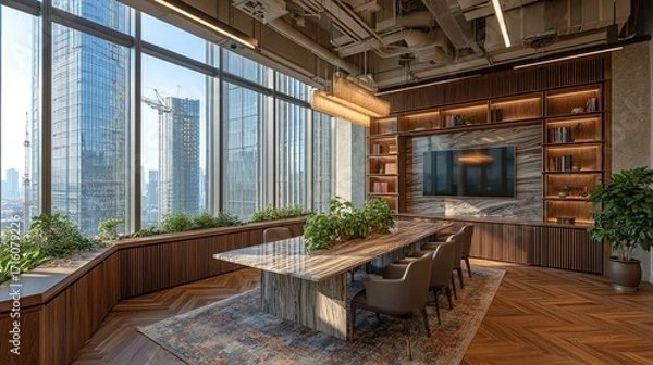 Fototapeta A bright, modern conference room features a large marble table surrounded by comfortable chairs, bathed in natural light from expansive windows overlooking a cityscape, creating a productive