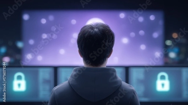 Fototapeta Focused individual engrossed in computer screen, a detailed observation of digital engagement