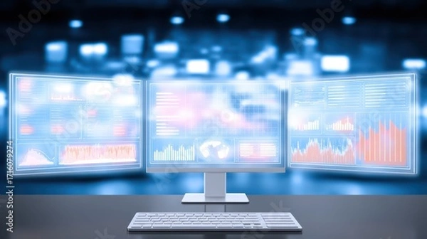 Fototapeta Dual monitor setup, visualizing financial data and market trends for strategic analysis
