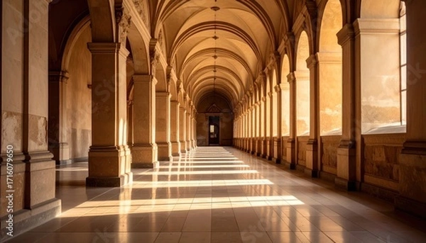 Fototapeta Long, arched hallway with columns and sunlight streaming through windows, creating a dramatic perspective.