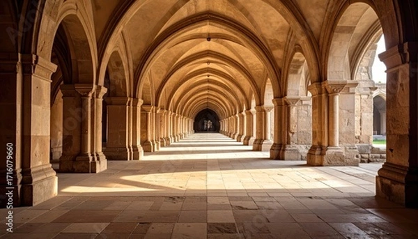 Fototapeta A long corridor with arched ceilings and pillars, bathed in sunlight, creating a sense of depth and architectural grandeur.