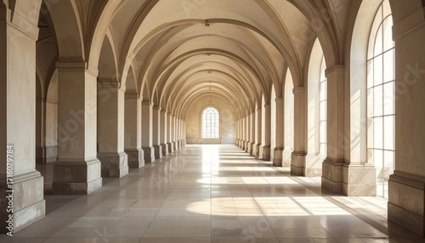 Fototapeta Empty, sunlit arched hallway of a grand historical building.
