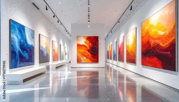 Fototapeta Art gallery interior featuring colorful abstract paintings displayed on white walls, with benches and a glossy floor.