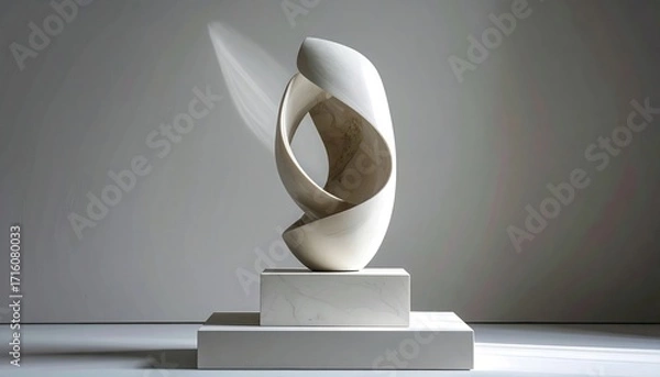Fototapeta A sculpted, abstract, white form stands on a pedestal against a neutral backdrop.