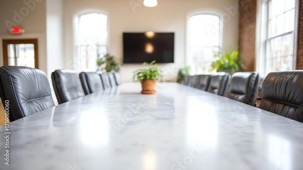 Fototapeta A long conference table with polished black chairs dominates the frame, reflecting light and suggesting a space for important discussions and collaborative work within a bright, airy room.