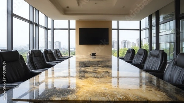 Fototapeta An expansive conference room features a long, polished marble table and black leather chairs, positioned before a large wall-mounted display and floor-to-ceiling windows overlooking a cityscape.