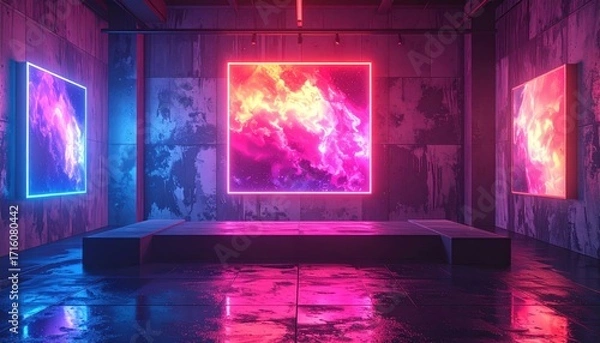 Fototapeta A modern art gallery showcasing glowing neon framed artwork on a concrete stage.