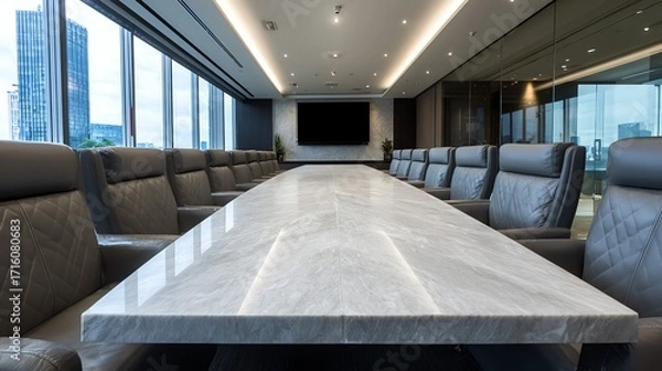 Fototapeta A long conference table with quilted leather chairs dominates a modern, high-rise office space, suggesting a setting for important business discussions and strategic planning.