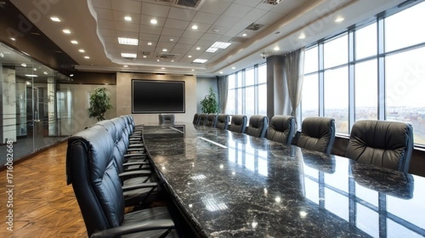 Fototapeta An expansive, modern conference room features a long polished table and comfortable black leather chairs, bathed in natural light from large windows, creating a sense of professional sophistication