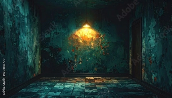 Fototapeta A dimly lit, decaying room with peeling walls and a single overhead light source.