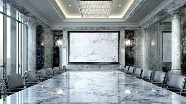 Fototapeta An opulent conference room showcases a harmonious blend of classical architecture and modern design, featuring marble surfaces and elegant seating, evoking a sense of power and sophistication.