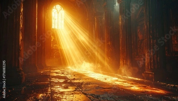 Fototapeta Interior view of a gothic cathedral bathed in golden sunlight streaming through a stained-glass window.