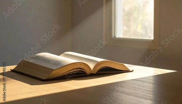 Fototapeta Open book on a wooden table, illuminated by sunlight streaming through a window.