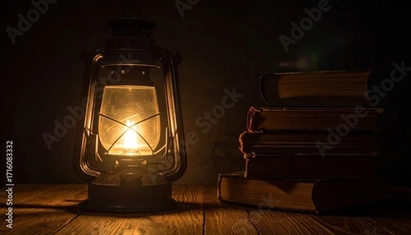 Fototapeta A vintage kerosene lamp illuminates a stack of old books on a wooden table in a dark room.