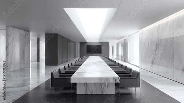 Fototapeta A long conference table dominates a minimalist, modern room with white marble walls and a black floor, evoking a sense of power and sterile formality, illuminated by overhead light.