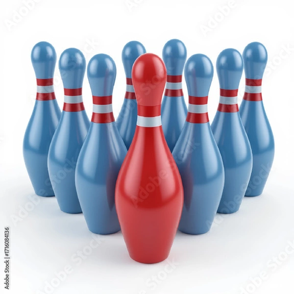 Fototapeta Bowling pins form a triangle; one bold red pin stands out, creating visual contrast and focus against a neutral backdrop. AI generated.