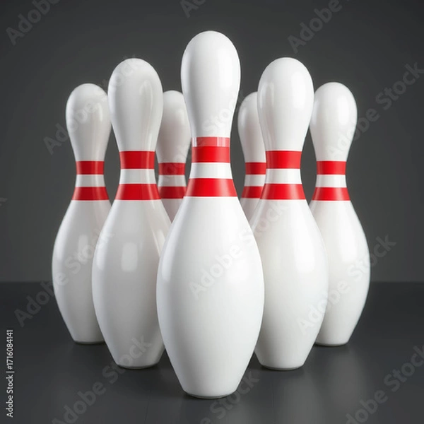 Fototapeta White bowling pins with red stripes stand in perfect triangular formation on a smooth surface, ready for the first strike. AI generated.
