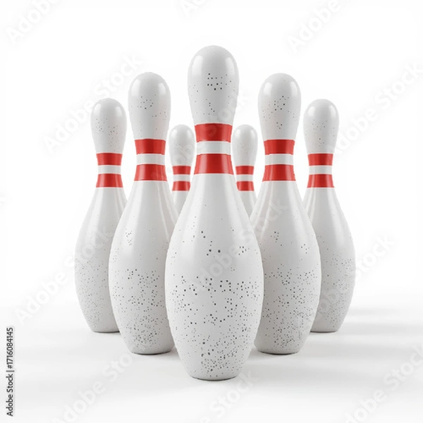 Fototapeta White bowling pins with red stripes stand in perfect triangular formation on a smooth surface, ready for the first strike. AI generated.
