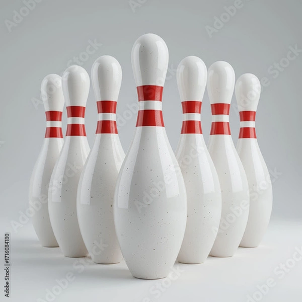 Fototapeta White bowling pins with red stripes stand in perfect triangular formation on a smooth surface, ready for the first strike. AI generated.
