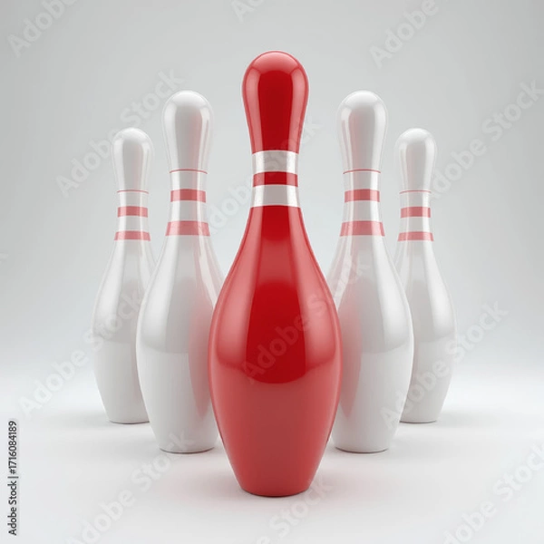 Fototapeta Bowling pins form a triangle; one bold red pin stands out, creating visual contrast and focus against a neutral backdrop. AI generated.
