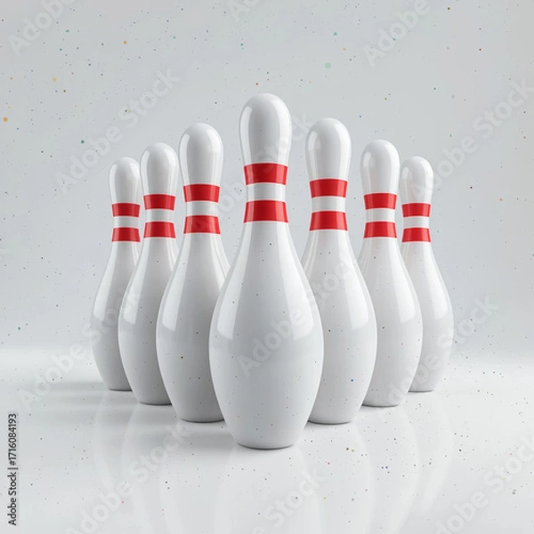 Fototapeta White bowling pins with red stripes stand in perfect triangular formation on a smooth surface, ready for the first strike. AI generated.
