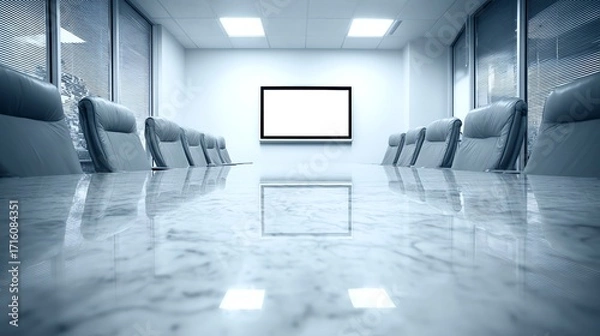 Fototapeta A symmetrical view showcases an empty conference room with a polished marble table reflecting a blank projection screen, evoking a sense of anticipation and modern corporate design.