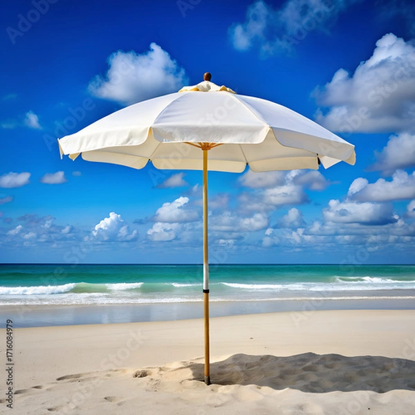 Fototapeta White beach umbrella casting a shadow on a sandy beach with turquoise ocean water and blue sky