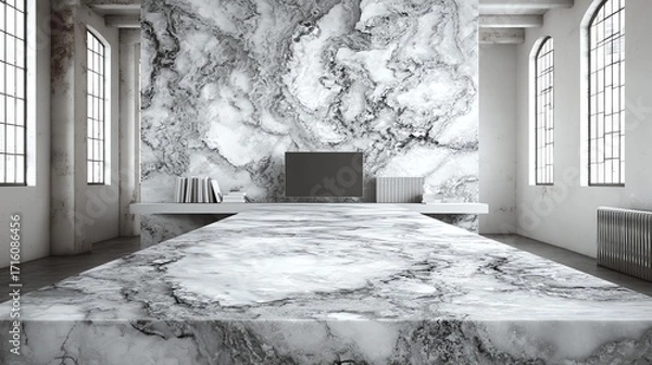 Fototapeta An expansive, minimalist interior features a large table and wall clad in textured, grey marble, evoking a sense of serene grandeur and natural elegance within a loft space.