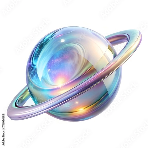 Fototapeta Iridescent planet with a ring, reflecting nebula and galaxy colors, on a white background