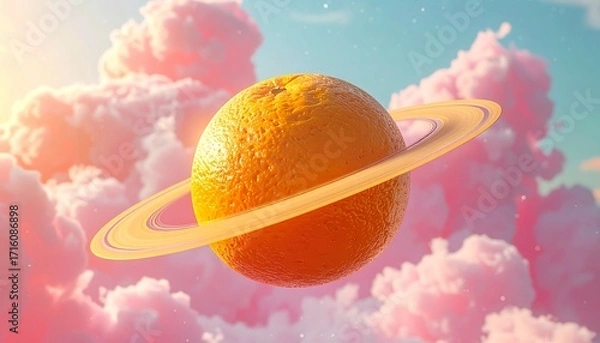 Fototapeta Surreal digital art of an orange shaped like a planet with glowing rings, floating in a whimsical sky filled with soft pink clouds.