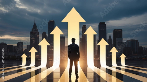 Fototapeta Silhouette of businessman standing with upward arrows in front of city skyline, symbolizing growth, ambition, and success in modern urban environment