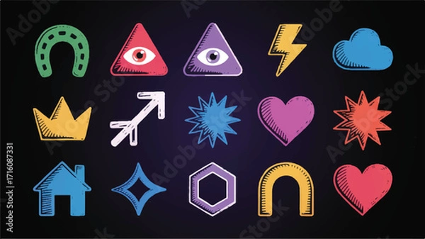 Fototapeta A set of 16 colorful chalk-style icons arranged in a 4x4 grid against a black background._traced