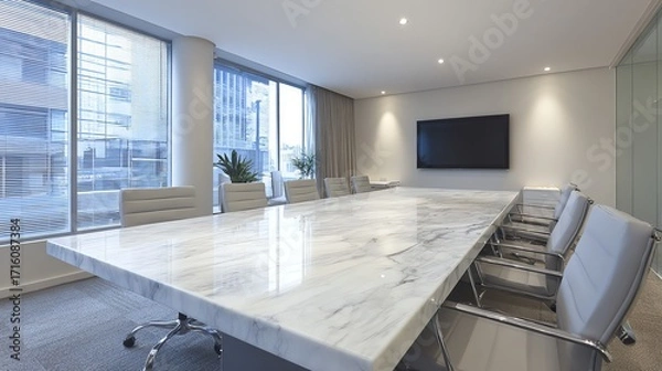 Fototapeta A bright, modern conference room features a large marble table and comfortable seating, suggesting a space for collaborative work and important discussions in a professional setting.
